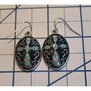 Silver Tone Cross dangle drop beaded earrings 1"